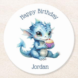 Porta-copo De Papel Redondo Dragão-bebê azul-bonito comendo um Cupcake