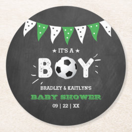 Porta-copo De Papel Redondo É um menino! Chá de fraldas de futebol pensado