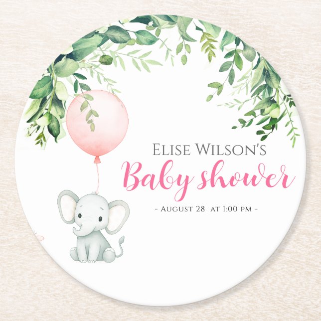 Porta-copo De Papel Redondo É uma garota! Pequeno elefante bonito com balão (Frente)