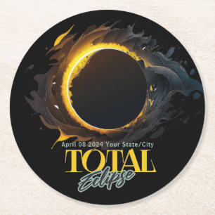 Porta-copo De Papel Redondo Eclipse Solar Total 2024 Seu Estado Cidade Negro