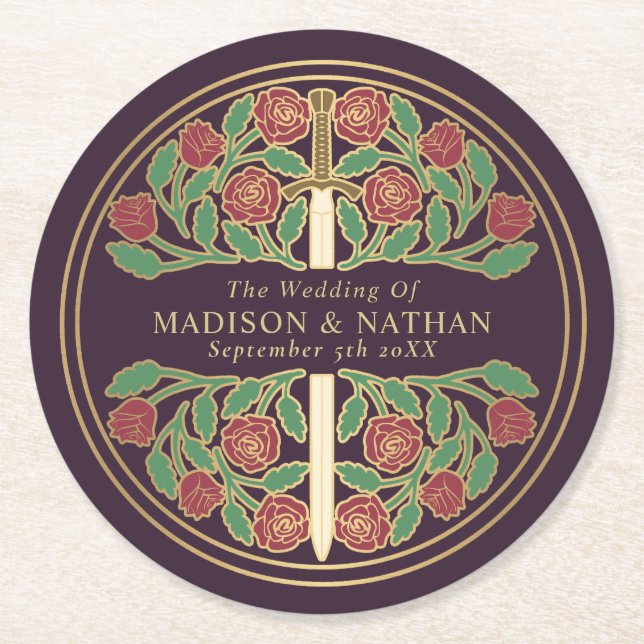 Porta-copo De Papel Redondo Eggplant Royal Medieval Gold Sword Wedding (Frente)