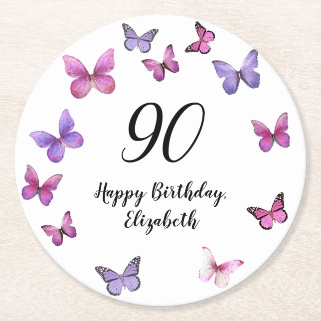 Porta-copo De Papel Redondo Elegant 90th Birthday Butterflies Custom Name (Frente)