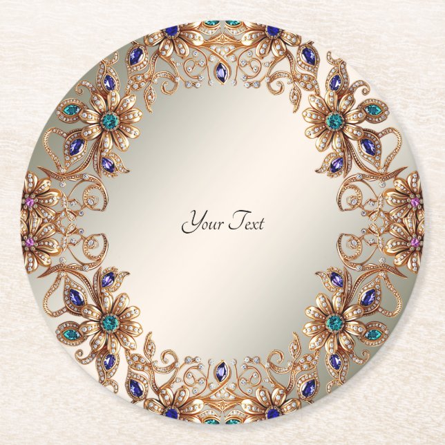 Porta-copo De Papel Redondo Elegant Gold Jewel Flowers Paper Coaster (Frente)