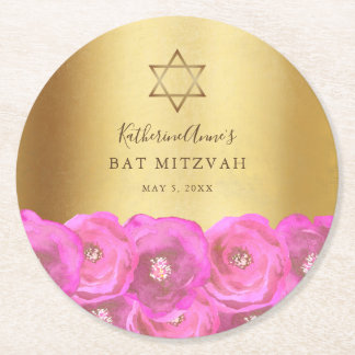 Porta-copo De Papel Redondo Elegant  Pink Rose Floral Gold Bat Mitzvah