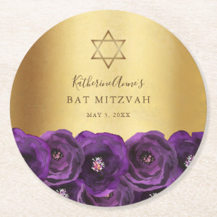 Porta-copo De Papel Redondo Elegante Bat Mitzvah Floral Roxo Dourado