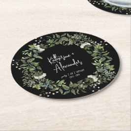 Porta-copo De Papel Redondo Elegante floral em aquarela preto e branco 