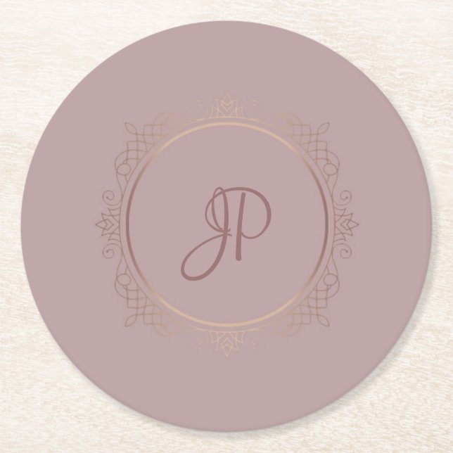 Porta-copo De Papel Redondo Elegante Modelo de Monograma Dourado com Rosa pers (Frente)