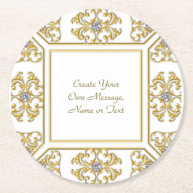 Porta-copo De Papel Redondo Elegante Moldura Ornamental Dourada com Acento de  (Frente)