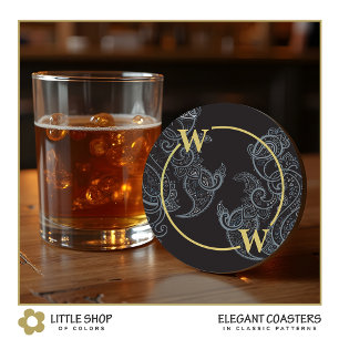 Porta-copo De Papel Redondo Elegante Monograma Paisley Preto Dourado