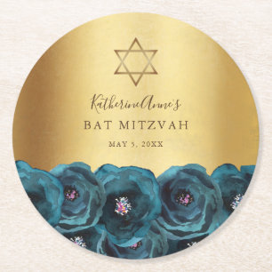 Porta-copo De Papel Redondo Elegante Rosa Azul Floral Bat Mitzvah Dourado