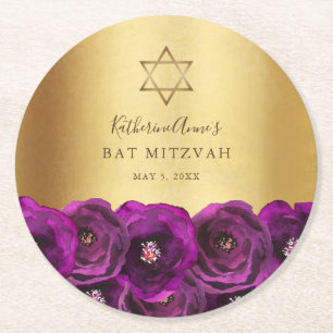 Porta-copo De Papel Redondo Elegante Rosa Magenta Floral Dourado Bat Mitzvah