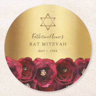 Porta-copo De Papel Redondo Elegante Rosa Vermelha Floral Bat Mitzvah Dourado
