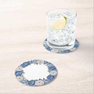 Porta-copo De Papel Redondo Elegante simples Flor Azul Branca estilo chinoiser