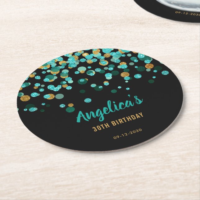 Porta-copo De Papel Redondo Elegante Teal Dourado Glitter Confetti Aniversário (Angulado)
