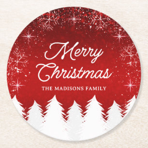 Porta-copo De Papel Redondo Elegante Vermelho   Árvores e flocos de neve Festa