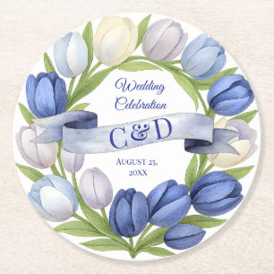 Porta-copo De Papel Redondo Elegante Watercolor Tulip Wreath Casamento Blue Iv