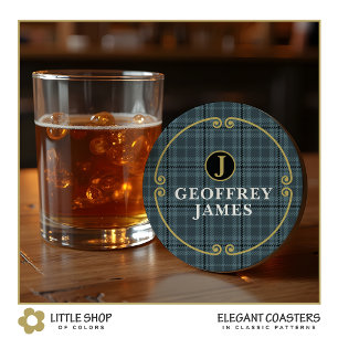 Porta-copo De Papel Redondo Elegante Xadrez de Vidro Preto com Monograma em Do