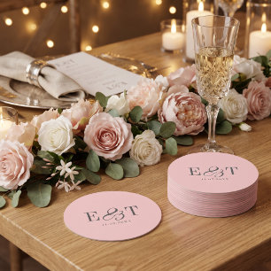 Porta-copo De Papel Redondo Elegantes iniciais de casais de casamento rosa Beg
