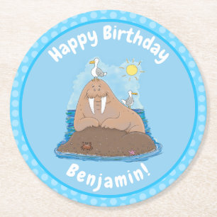 Porta-copo De Papel Redondo Engraçado ilustração do desenho animado de morsa f