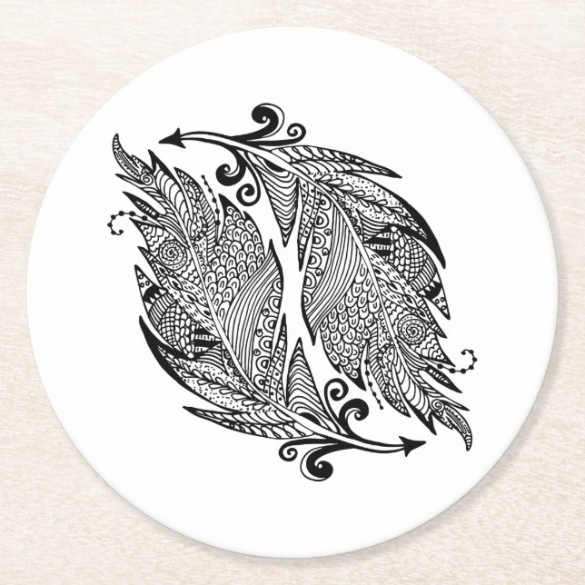 Porta-copo De Papel Redondo Esboço inspirado das penas (Frente)