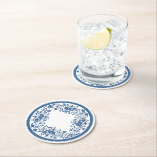 Porta-copo De Papel Redondo Estilo elegante de chinoiserie Flor Branca Azul