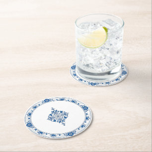 Porta-copo De Papel Redondo Estilo elegante de chinoiserie Flor Branca Azul