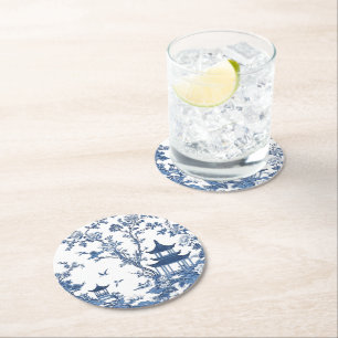 Porta-copo De Papel Redondo Estilo elegante de chinoiserie Flor Branca Azul