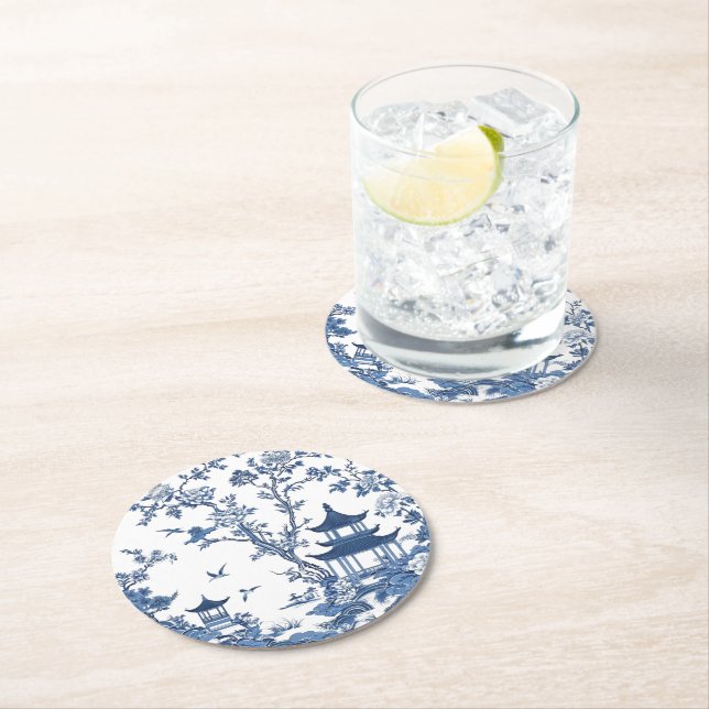 Porta-copo De Papel Redondo Estilo elegante de chinoiserie Flor Branca Azul (Insitu)