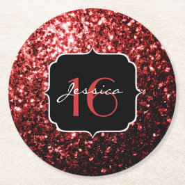Porta-copo De Papel Redondo Faaux vermelho escuro brilha Glamor Sweet 16