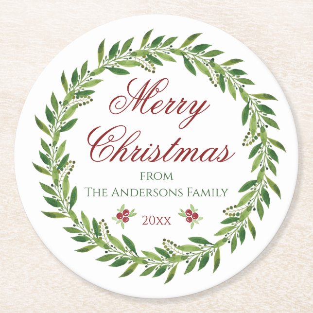 Porta-copo De Papel Redondo Família Feliz Natal Wreath (Frente)
