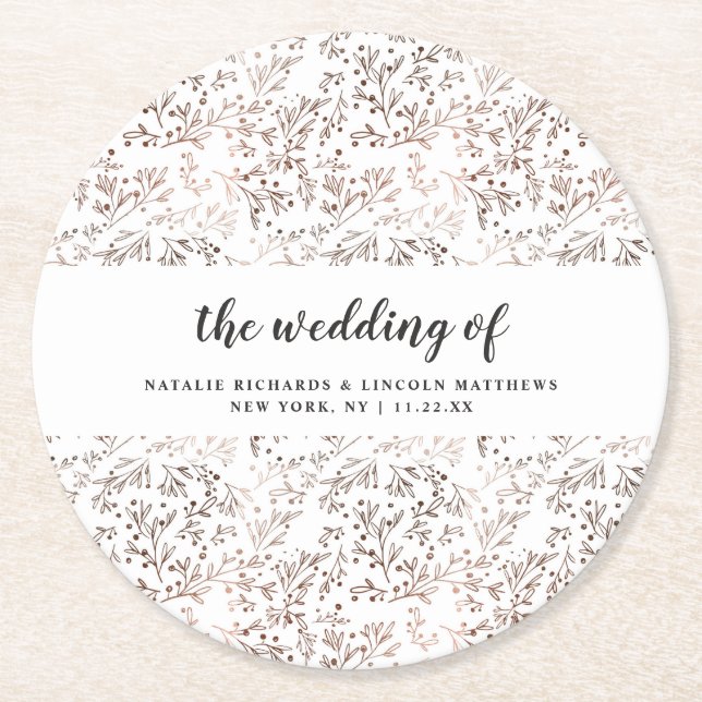 Porta-copo De Papel Redondo Fatia Rústica De Madeira Folha De Cobre Monograma  (Frente)