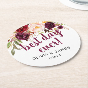 Porta-copo De Papel Redondo Favor de casamento Burgundy Floral Best Day Ever