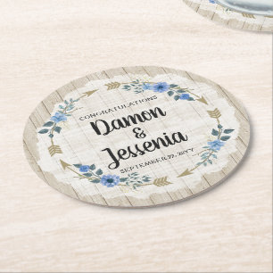 Porta-copo De Papel Redondo Feiras de madeira rustica e Casamento Floral Azul