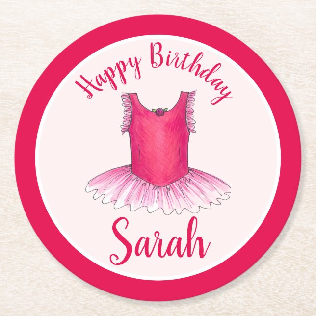 Porta-copo De Papel Redondo Feliz Aniversário, Balé Rosa Dança Ballerina Tutu (Frente)