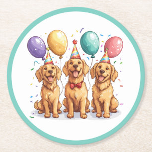 Porta-copo De Papel Redondo Feliz Aniversário Cães Retriever Dourados