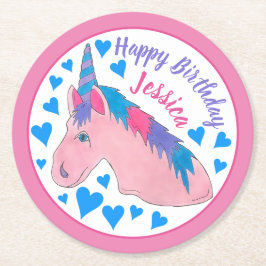Porta-copo De Papel Redondo Feliz aniversário do Partido Mágico Rosa Unicórnio