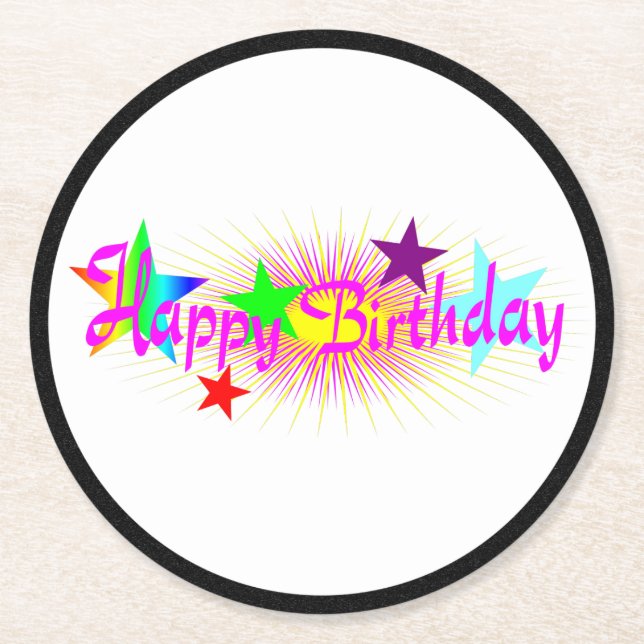 Porta-copo De Papel Redondo Feliz aniversário e estrelas - (Frente)