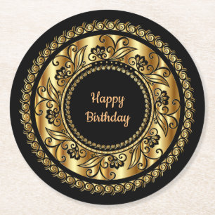 Porta-copo De Papel Redondo Feliz aniversário, elegante preto e ouro,
