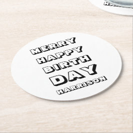 Porta-copo De Papel Redondo Feliz Aniversário Feliz nome personalizado moderno