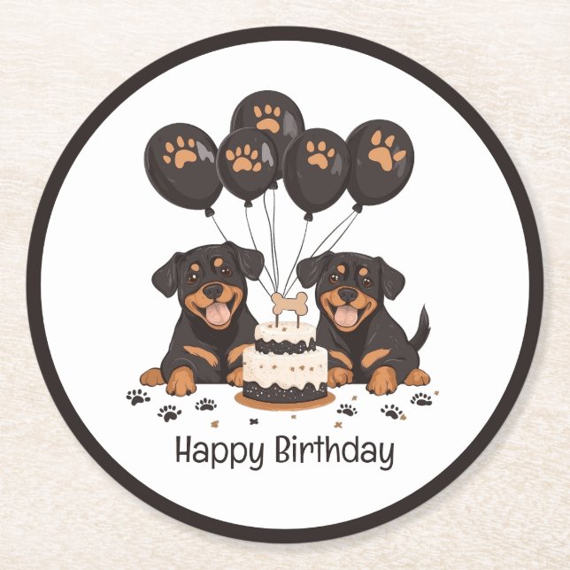 Porta-copo De Papel Redondo Feliz Aniversário Rottweiler Cães (Frente)