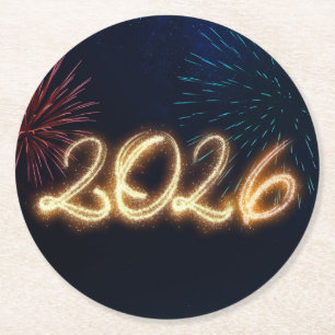 Porta-copo De Papel Redondo Feliz Ano Novo 2026 Fogos de Artifício