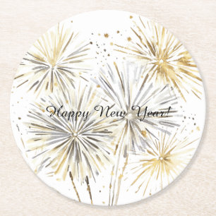 Porta-copo De Papel Redondo Feliz Ano Novo Ouro Prata Fogos de Artifício