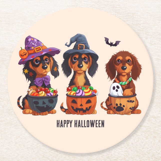 Porta-copo De Papel Redondo Feliz Halloween Dachshund Dogs (Frente)