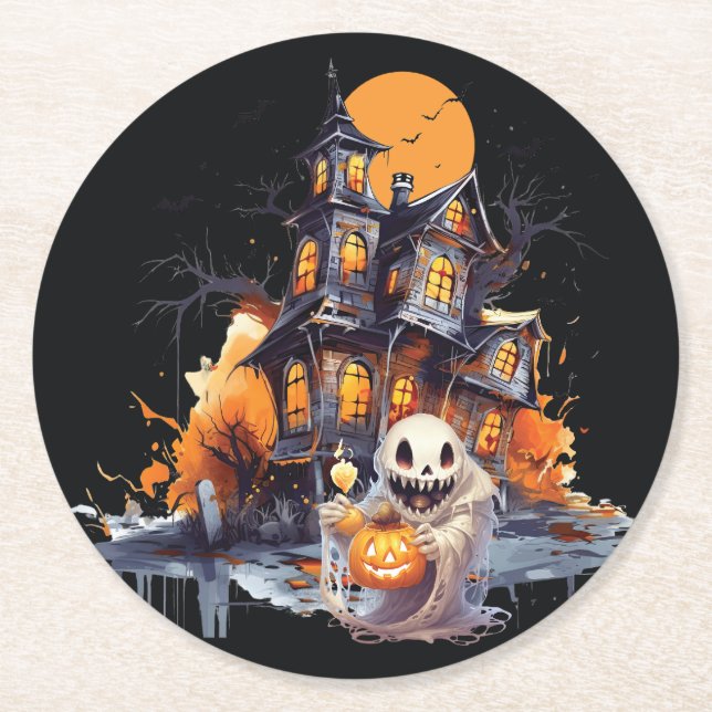 Porta-copo De Papel Redondo Feliz Halloween Ghoul (Frente)