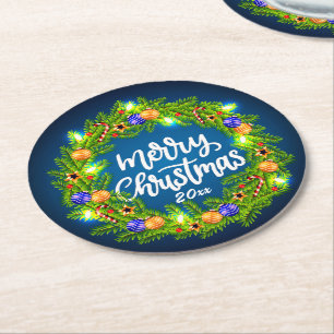 Porta-copo De Papel Redondo Feliz Natal 20XX Terra Verde sobre Azul