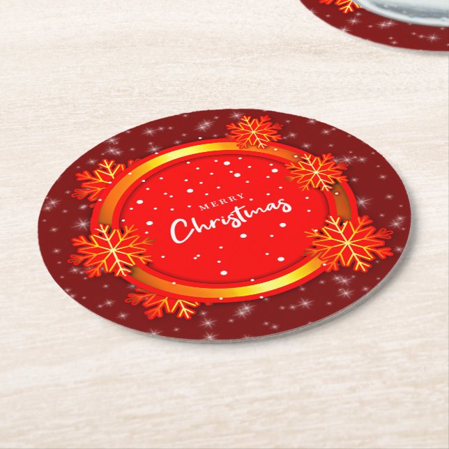 Porta-copo De Papel Redondo Feliz Natal Flocos de Neve Dourados Vermelhos (Angulado)