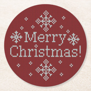 Porta-copo De Papel Redondo Feliz Natal Red & White Faux Knit