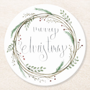 Porta-copo De Papel Redondo Feliz Natal Watercolor Wreath