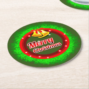 Porta-copo De Papel Redondo Feliz Natal Wreath Dourado Bell Red Green