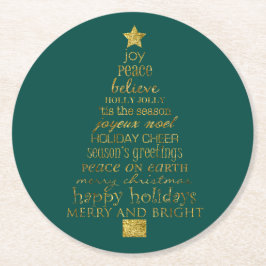 Porta-copo De Papel Redondo Feliz Verde Dourada e Palavras de Árvore de Natal 
